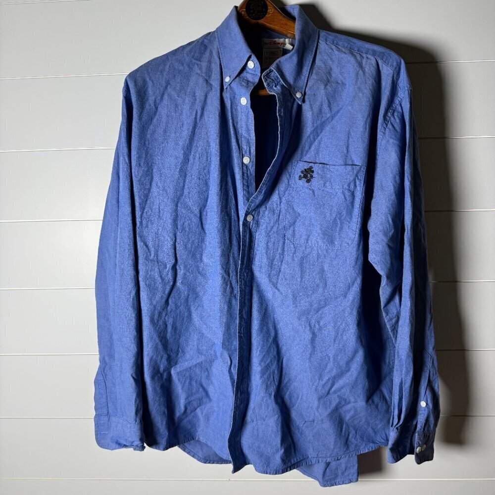 Disney Store Blue Oxford Long Sleeve Button Down Mickey Logo Size Large